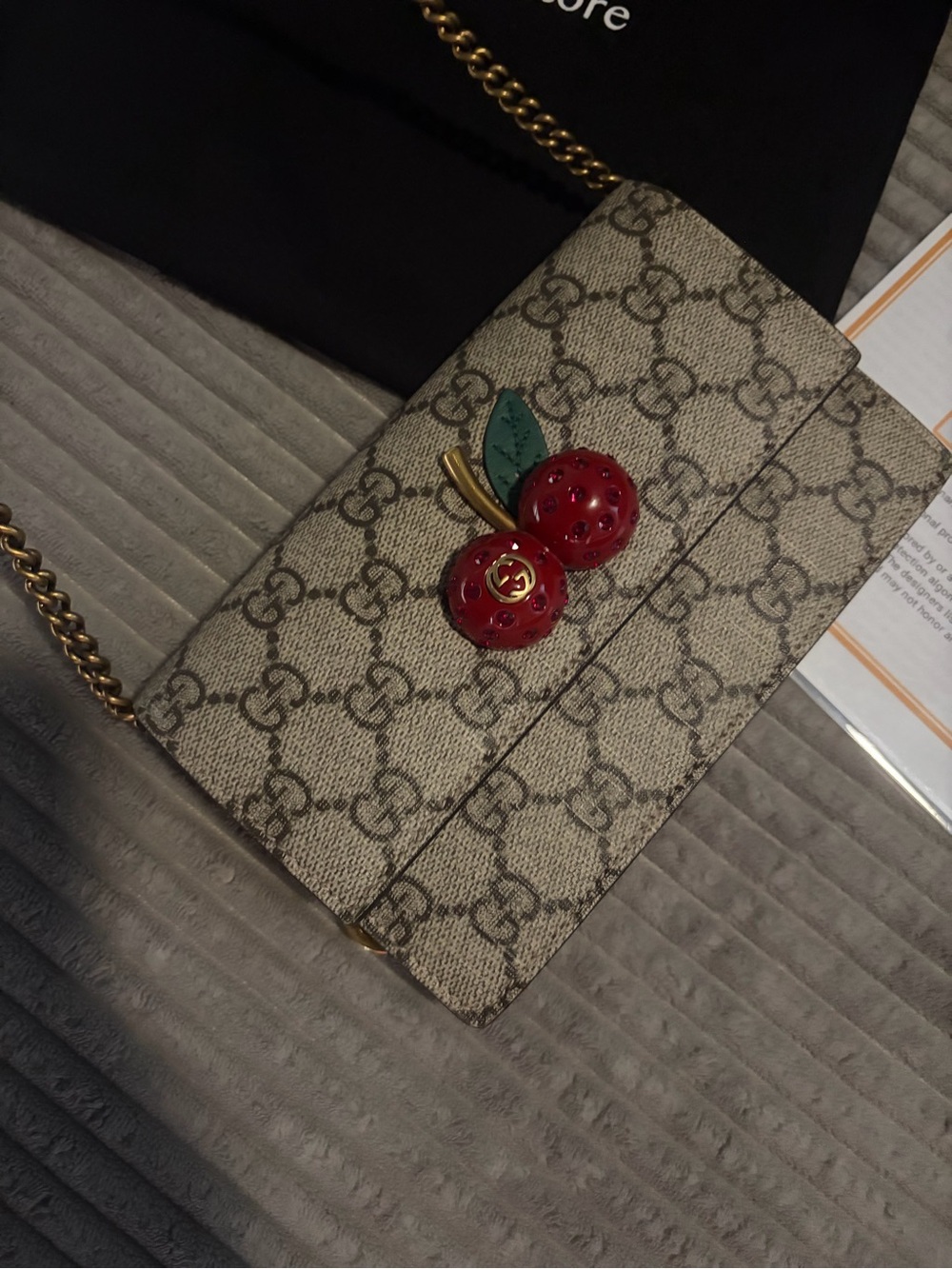 Gucci Beige GG Supreme Canvas Crossbody with Red Cherry Accent